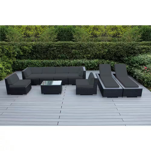 Black 9-Piece Wicker Patio Combo Conversation Set with Sunbrella Coal Cushions